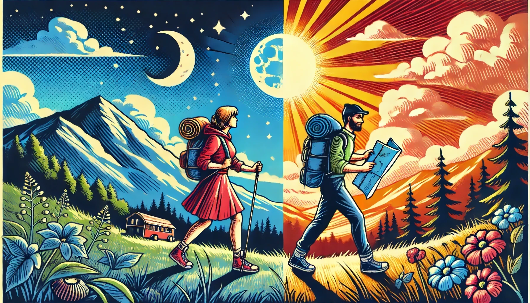 DALL·E 2024-09-10 16.27.26 - Create a wide-format illustration of a man and a woman hiking in a retro-inspired style, with the man being black. The direction should be reversed so